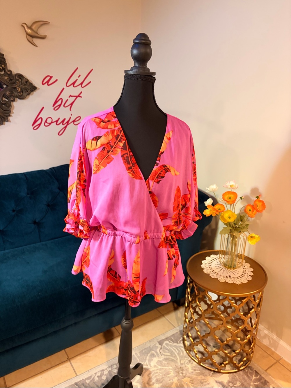 Sofia Jeans by Sofia Vergara Pink Tropical Print Peplum Blouse Large